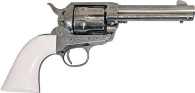 CIMARRON FRONTIER 45LC PW FS - 4.75" ENGRAVED NICKEL/IVORY