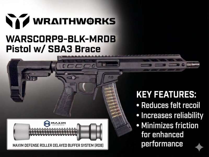 Wraithworks WARSCORP9 Roller Delayed Side-Charging AR Pistol - Black | 9mm | 8.5" Barrel | 7" M-LOK Rail | SB Tactical SBA3 Brace | Accepts Scorpion Mags